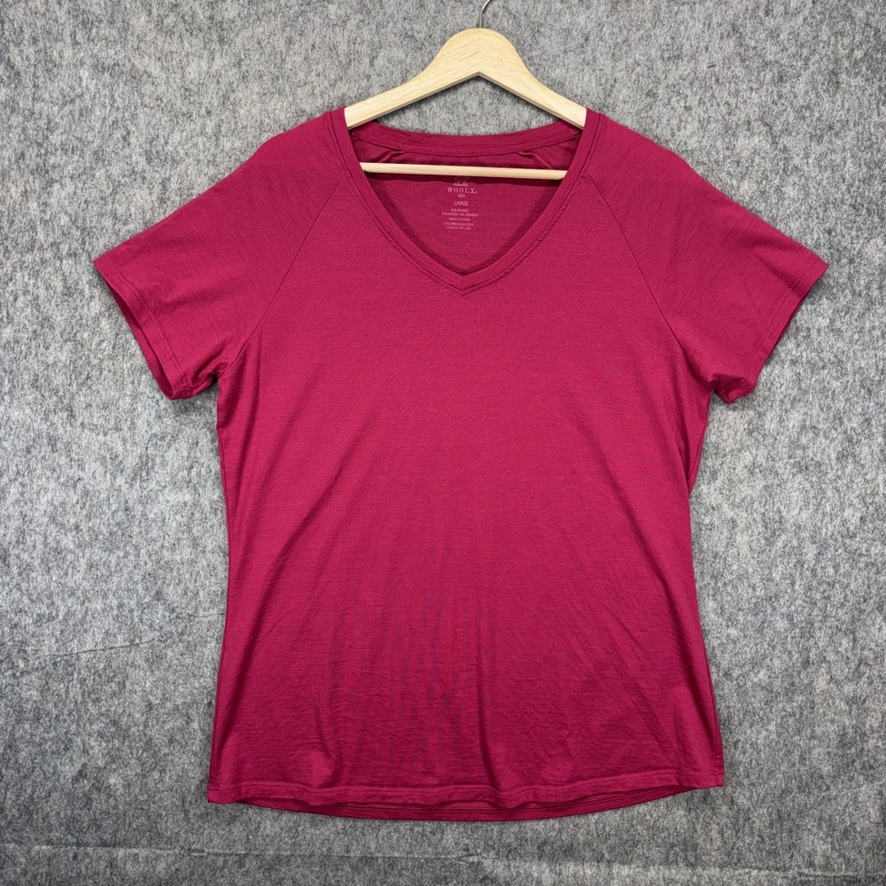 Woolx Mia V Neck Tee Merino Wool T-Shirt Women's Large Pink Sorbet Short Sleeve